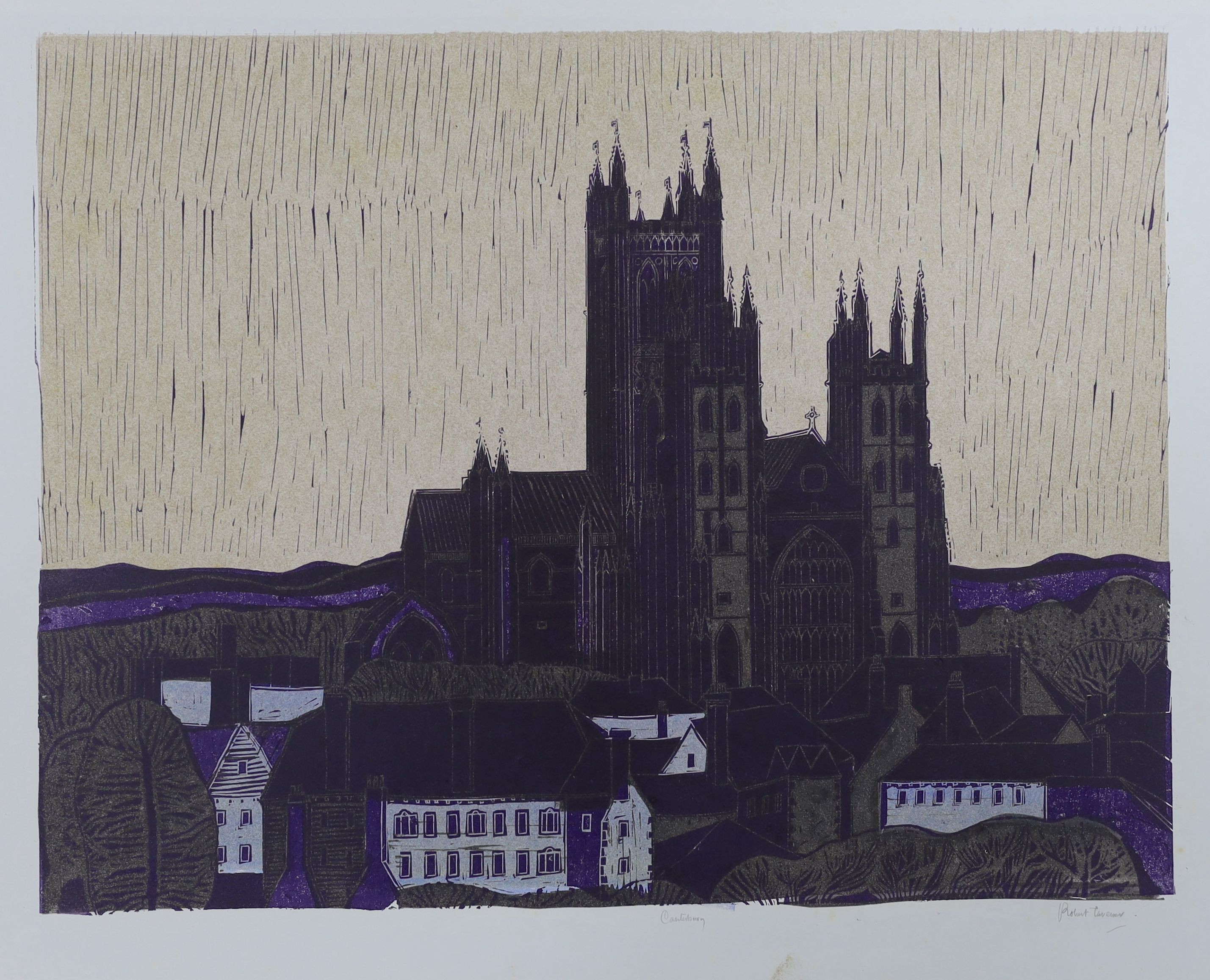 Robert Tavener (1920-2004), two artist proof linocuts, 'Canterbury' and 'Canterbury Cathedral', signed in pencil, largest 57 x 79cm, both unframed